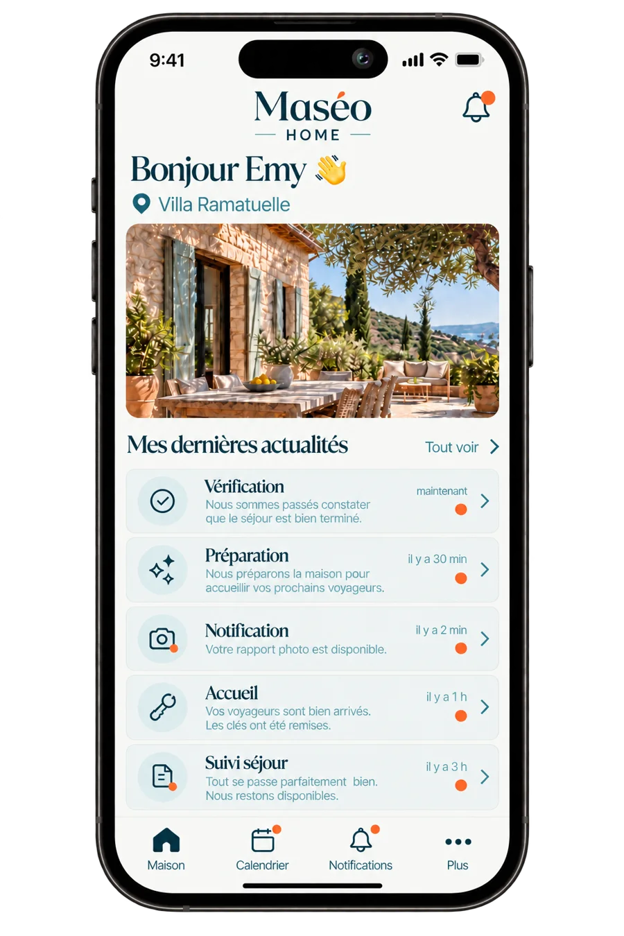 Écran d’accueil de l’application Maséo : actualités de la Villa Ramatuelle (vérification, préparation, rapport photo, accueil, suivi du séjour)