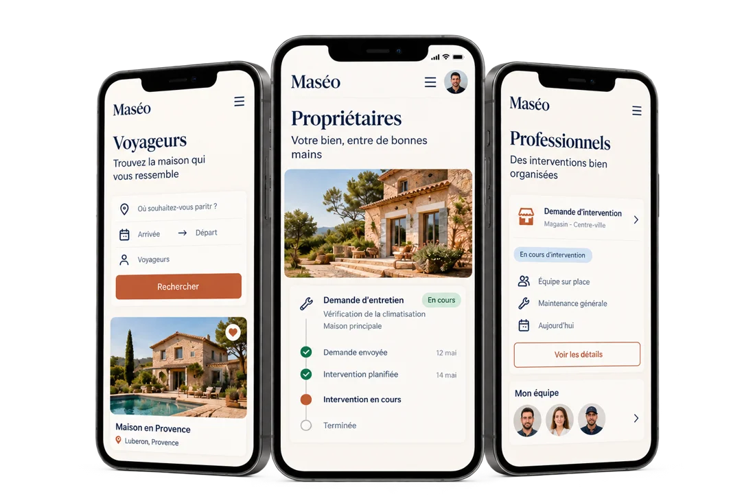 The Maséo app on three phones: Travellers, Homeowners and Businesses screens