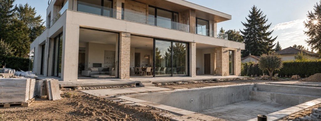 Villa en fin de chantier, terrasse et piscine en cours de réalisation, suivi Maséo Expert