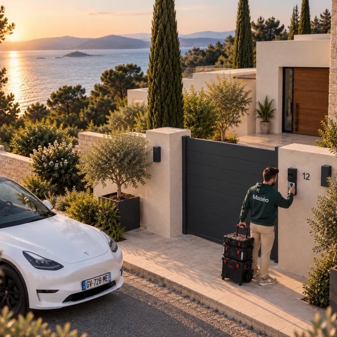 Technicien Maséo à l'entrée d'une villa, intervention sur une anomalie