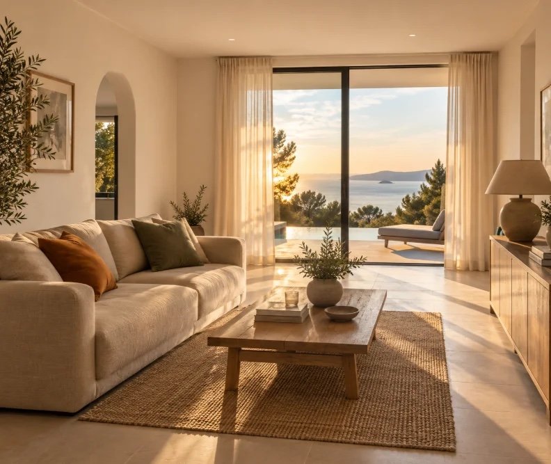 Salon lumineux avec vue mer, maison prête à accueillir ses voyageurs