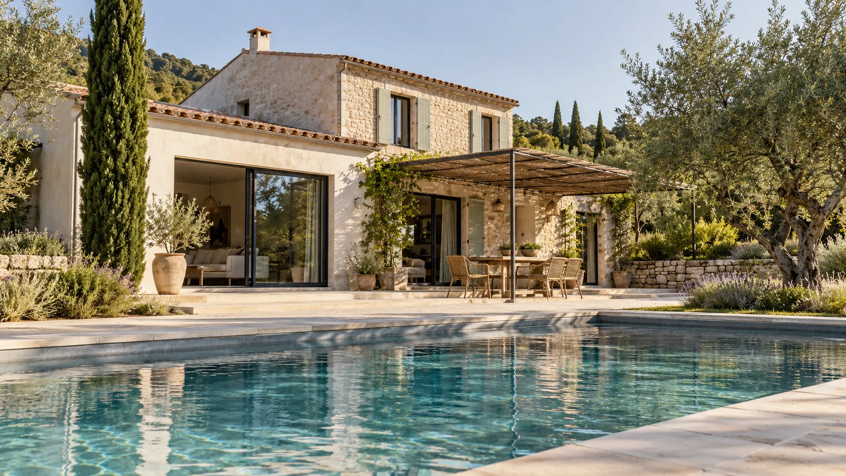 Provenzalisches Steinhaus mit Pool, Olivenbäumen und Zypressen