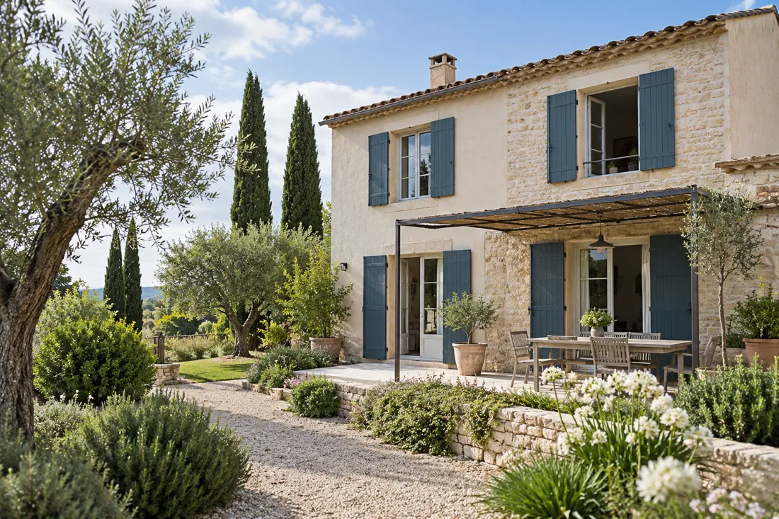 Mas provençal aux volets bleus entouré d’oliviers et de cyprès
